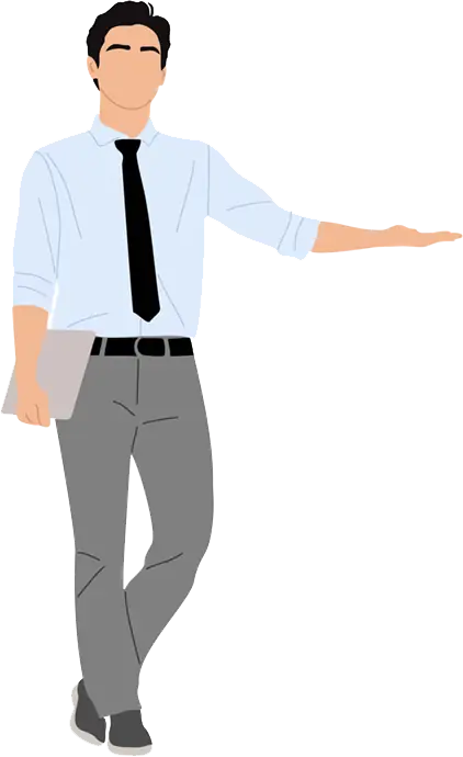 Customer service representative holding a laptop and gesturing with an open hand.